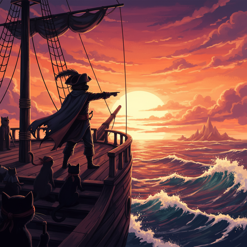 Captain Whiskers and the Pirate Cats — Ch.4: Captain points to sunset